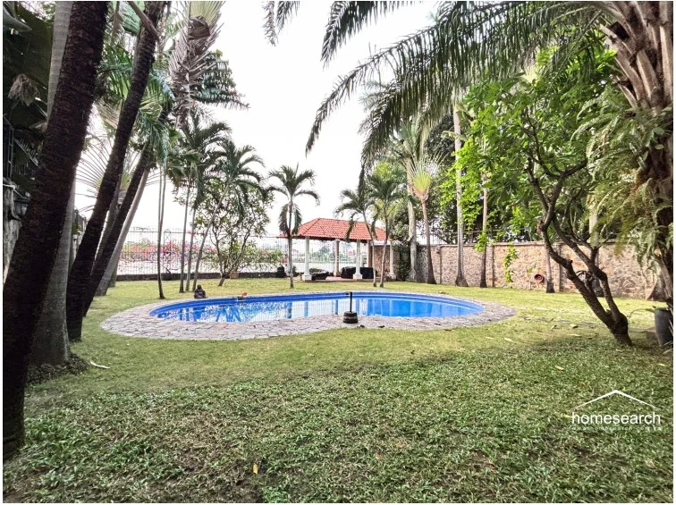 This shot captures the expansive backyard, which centers on a kidney-shaped swimming pool with blue tile finish and stone coping. The garden is mature and well-kept, featuring tall palm trees and a secondary structure in the background, offering a serene and private recreational environment.