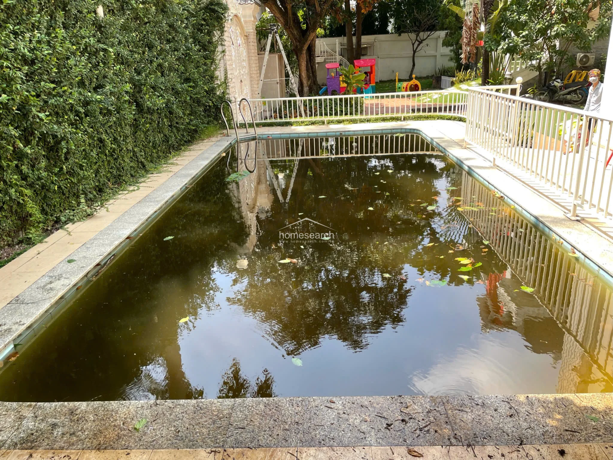 This outdoor area features a rectangular swimming pool surrounded by a stone deck and a tall, privacy-providing hedge. The pool currently shows significant signs of neglect, with dark, stagnant water and debris requiring immediate maintenance and cleaning.