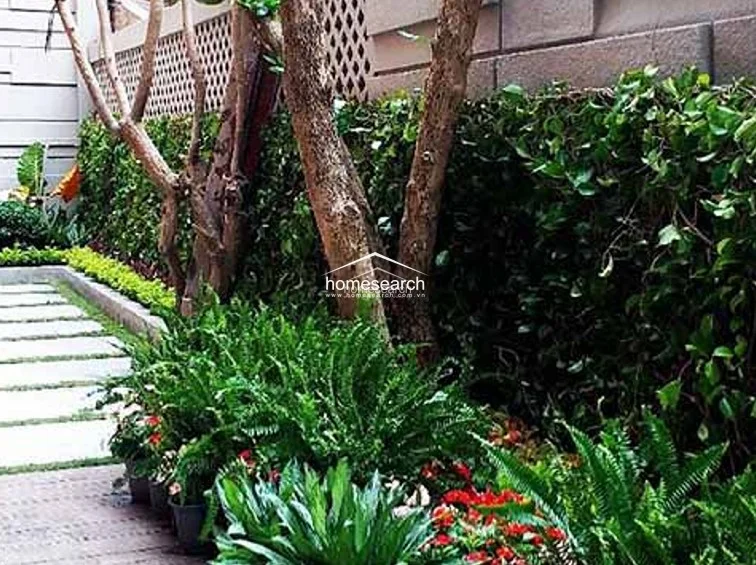 This beautifully landscaped garden area features a stone-paved walkway bordered by vibrant ferns, flowering plants, and mature trees. The space is enclosed by a manicured hedge and a decorative lattice fence, providing a private and tranquil outdoor retreat that reflects high-level maintenance and thoughtful design.