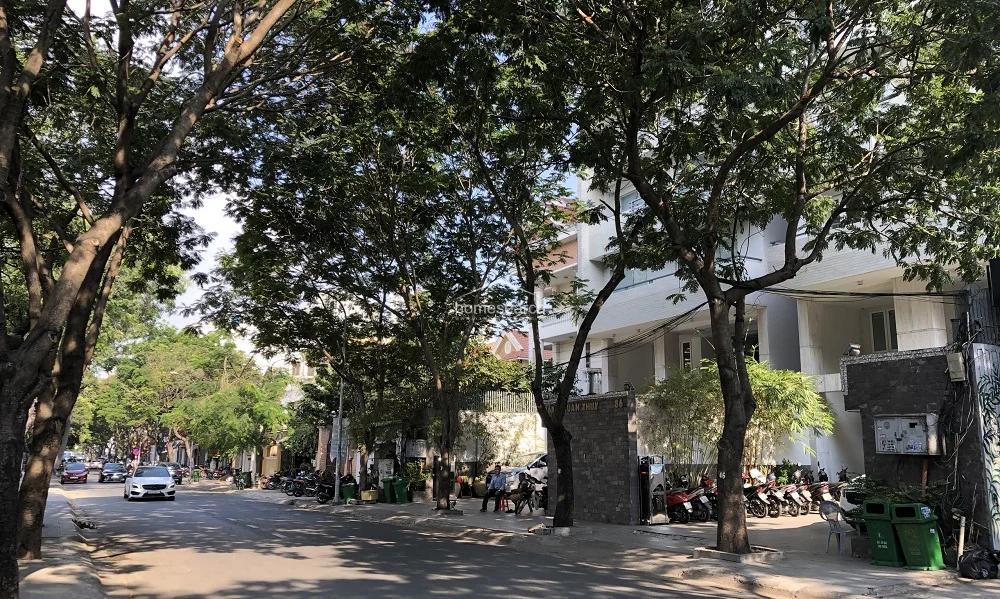 This image captures the exterior street view of a multi-story residential building characterized by a clean, modern white facade and a prominent stone-clad entrance pillar. The property is nestled in a lush, tree-lined neighborhood that provides significant natural shade and a tranquil atmosphere, with a dedicated ground-level area used for motorbike parking.