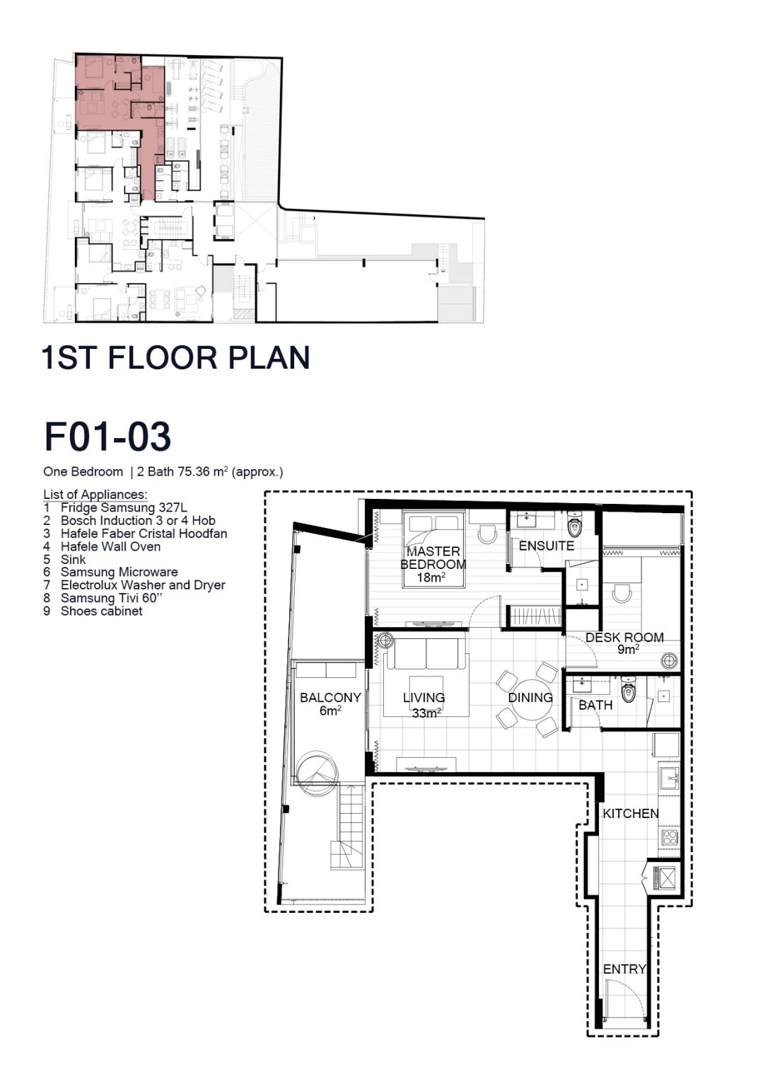 This floor plan details a 75.36m² one-bedroom unit featuring an efficient, open-concept living and dining area that flows directly onto a 6m² balcony. The layout includes a dedicated master bedroom with an ensuite, a secondary desk room, and a separate bathroom, all organized around a central living core.