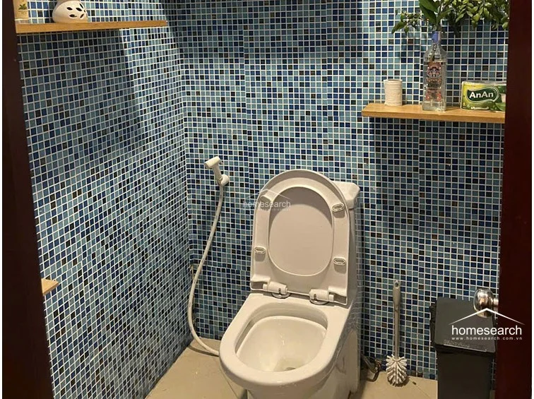 This compact toilet area is finished with vibrant blue and black mosaic wall tiles, creating a distinct visual contrast. It is equipped with a standard white toilet, a handheld bidet sprayer, and minimalist wooden shelving for toiletries, presenting a clean and well-maintained appearance.