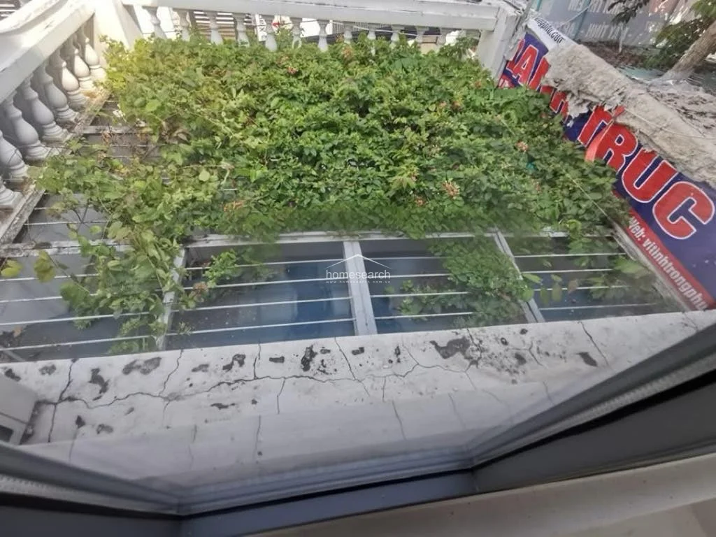This view from an upper window looks out onto a green, vine-covered rooftop structure, providing a natural, shaded canopy. The exterior shows classic architectural details like white balustrades, though the concrete ledge indicates some signs of weathering that may require minor maintenance.